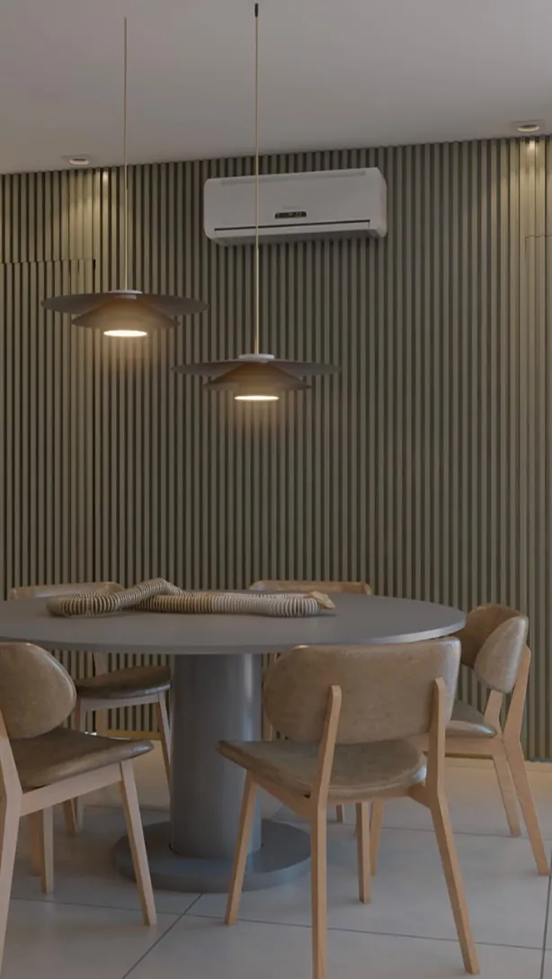 Sala de jantar com painel ripado e pendentes