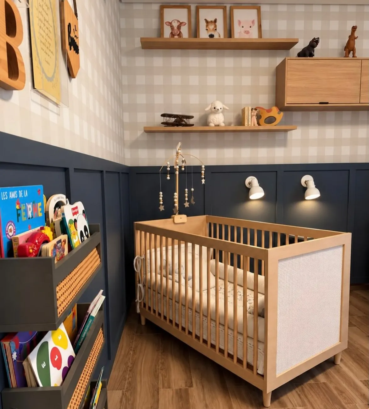 Quarto de bebê com berço e prateleiras
